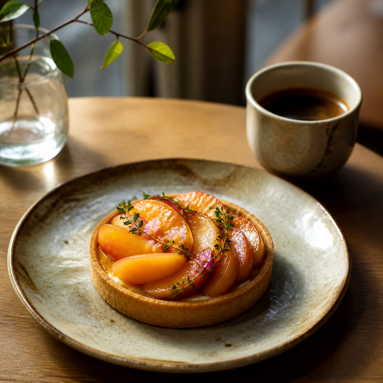 桃を花びらのように並べた季節のタルトとコーヒー